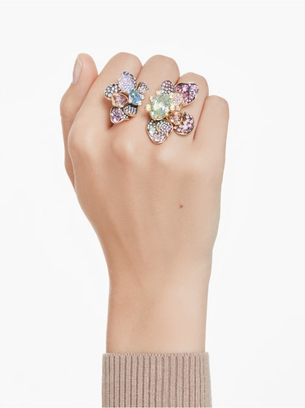 Swarovski Gold-Tone Multicolor Crystal Floral Double Ring Size 8 NWOT